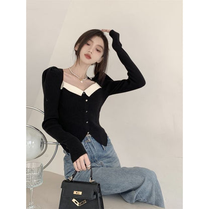 Slim-Fit Top Puff-Sleeve Square-Neck Knit