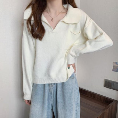 V-Neck Plain Loose-Fit Sweater