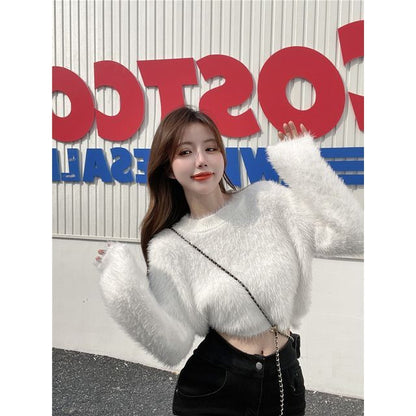 Cropped Sweater Plain Round Neck