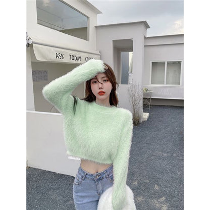 Cropped Sweater Plain Round Neck
