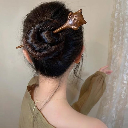 (Various Hair Stick Designs) Wooden Cat