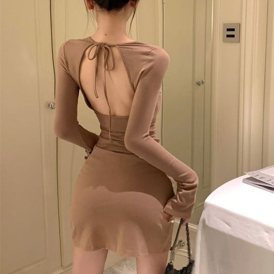 Mini Open Back Neck Sheath Dress Long-Sleeve Crew Plain