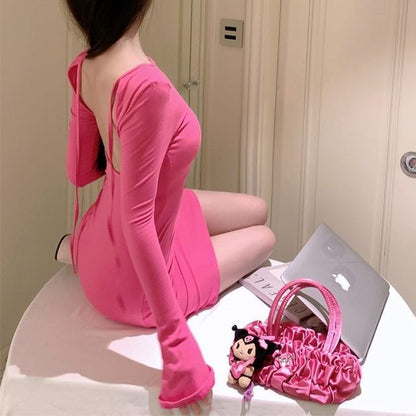Mini Open Back Neck Sheath Dress Long-Sleeve Crew Plain