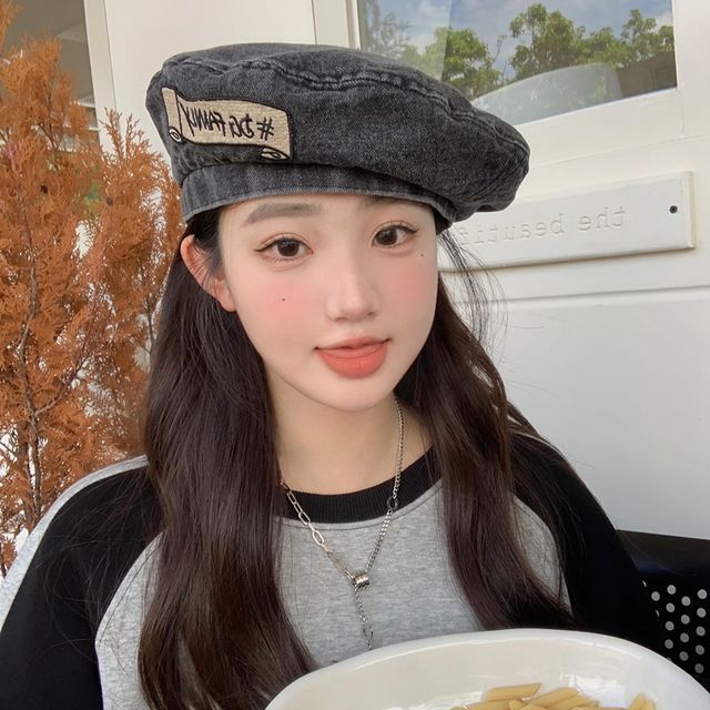 Hat Embroidered Denim Beret Lettering
