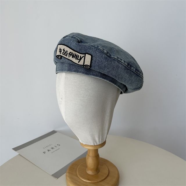 Hat Embroidered Denim Beret Lettering