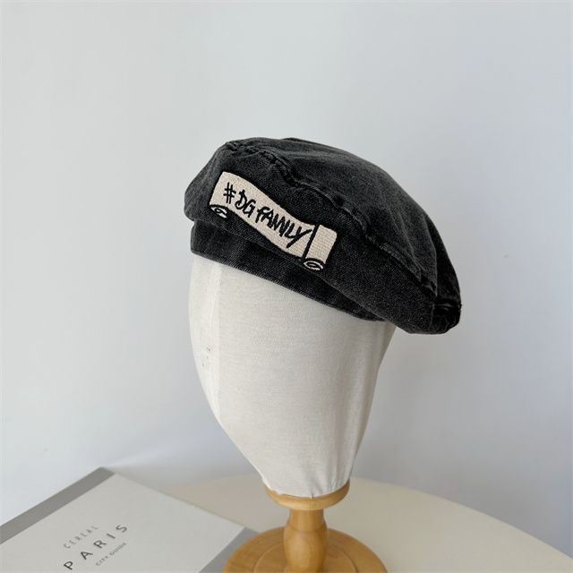 Hat Embroidered Denim Beret Lettering