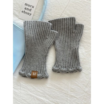 Applique Fingerless Knit Gloves Lettering