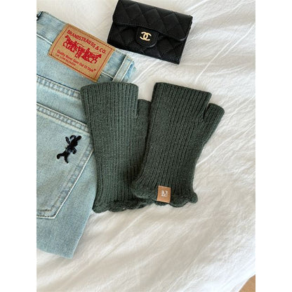 Applique Fingerless Knit Gloves Lettering