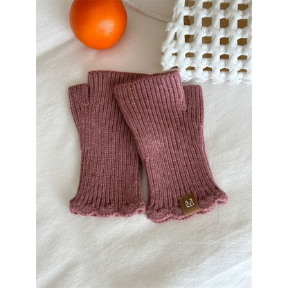 Applique Fingerless Knit Gloves Lettering