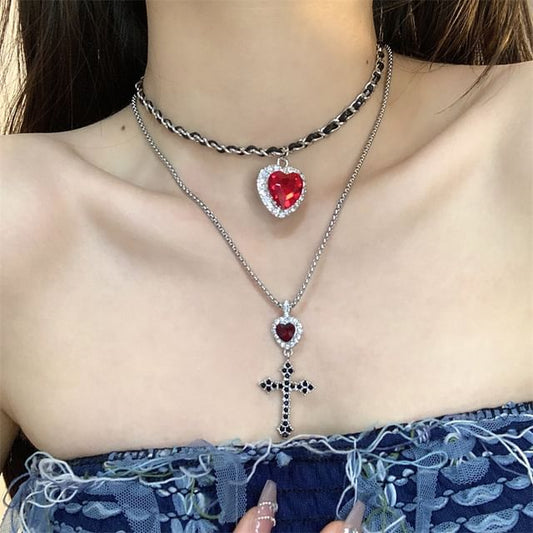 Wholesale Sample Cross Heart Rhinestone Pendant Layered Alloy Choker / Cross Drop Earring
