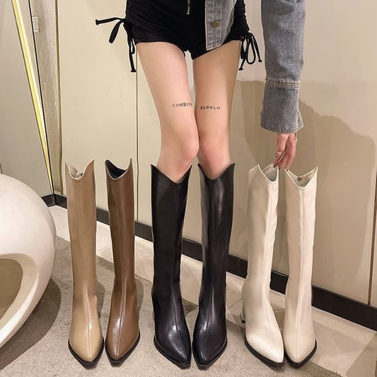 Chunky Boots Faux Heel Pointy Tall Leather