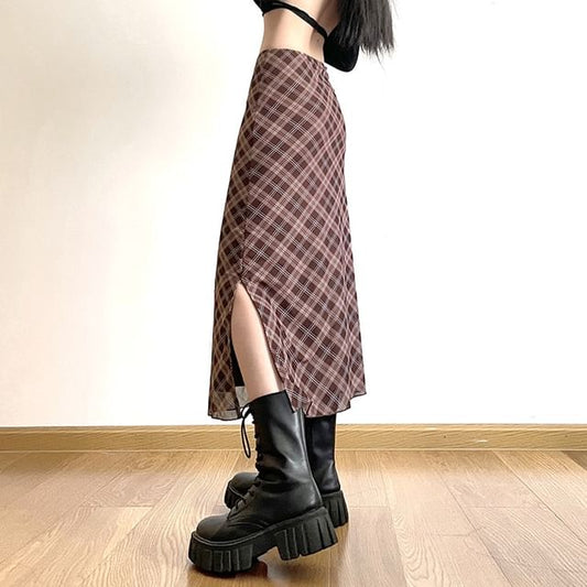 Skirt Mid Waist Plaid Midi A-Line