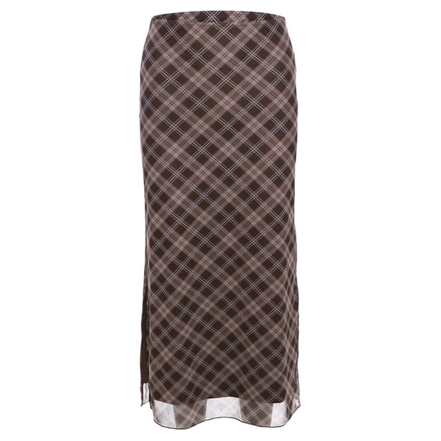 Skirt Mid Waist Plaid Midi A-Line