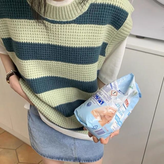 Vest Round Neck Sleeveless Knit Striped