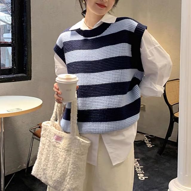 Vest Round Neck Sleeveless Knit Striped