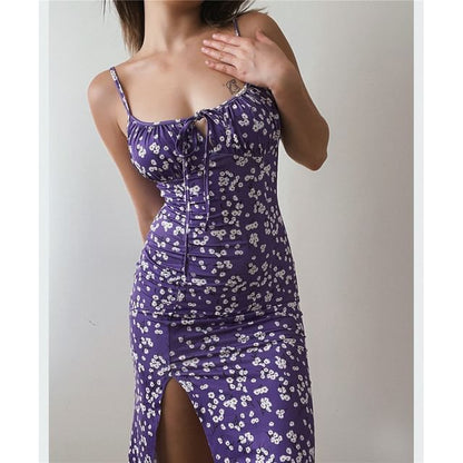 Wholesale Sample Spaghetti Strap Scoop Neck Floral Print Ruched Midi Bodycon Dress