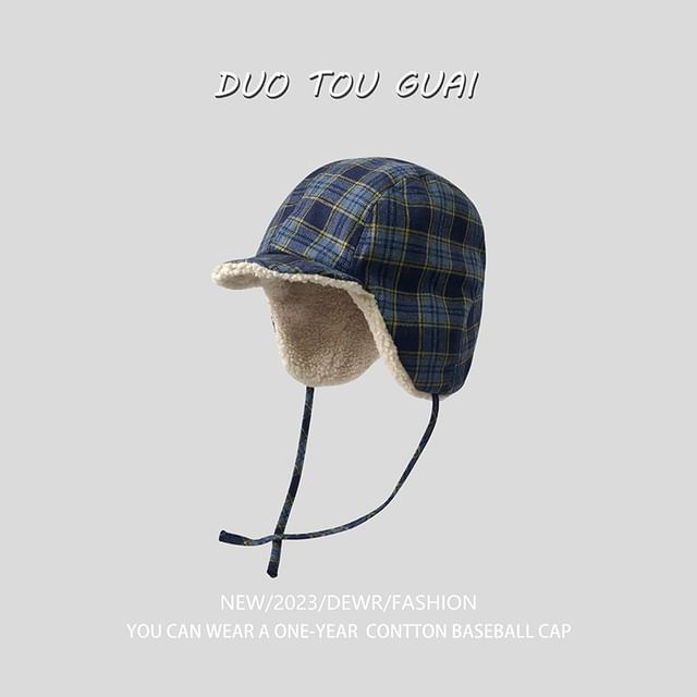 Plaid Fleece Hat Trapper Lined