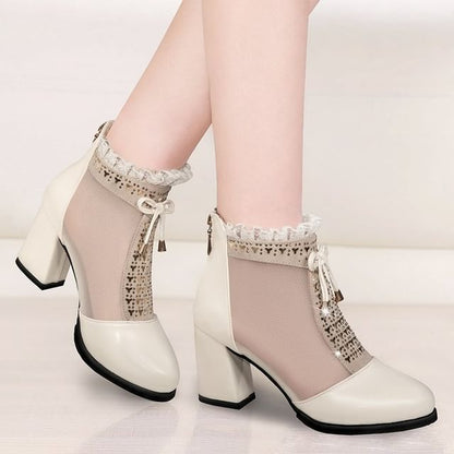 Pointed Trim Chunky Heel Panel Mesh Boots Lace Ankle