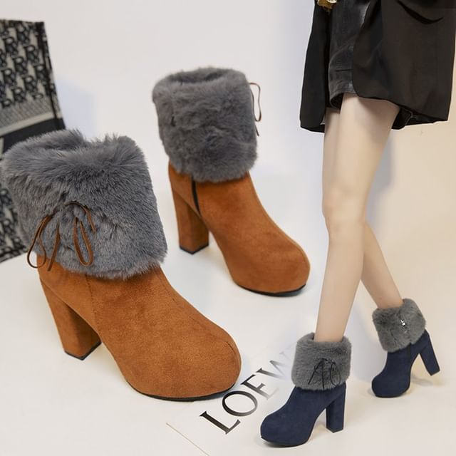 Fluffy Platform Ankle Trim Chunky Heel Boots