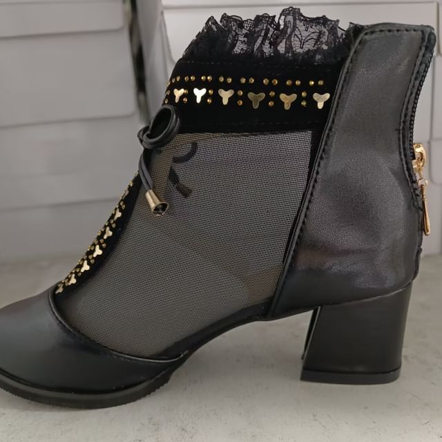 Pointed Trim Chunky Heel Panel Mesh Boots Lace Ankle
