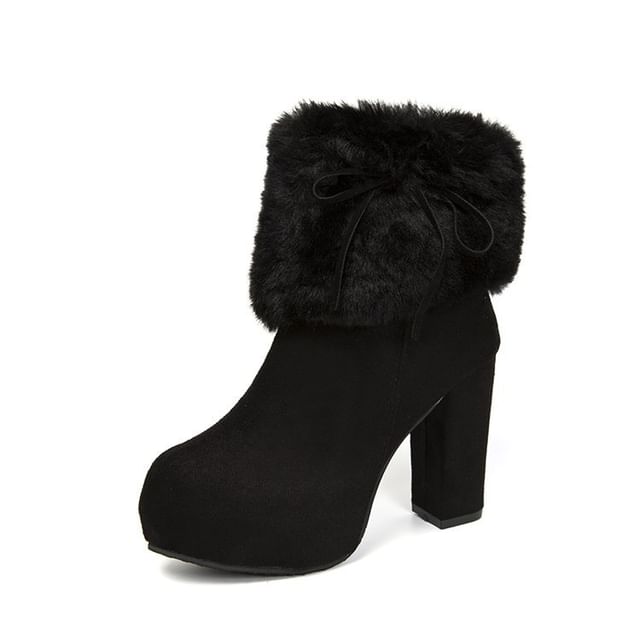 Fluffy Platform Ankle Trim Chunky Heel Boots