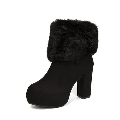 Fluffy Platform Ankle Trim Chunky Heel Boots
