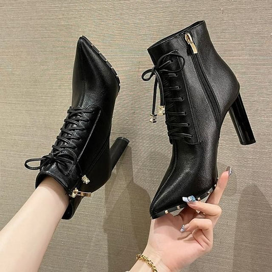 Pointed Heel Boots High Lace-Up Ankle