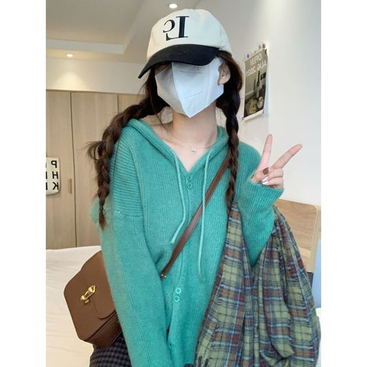 Hooded Cardigan Plain Button-Up