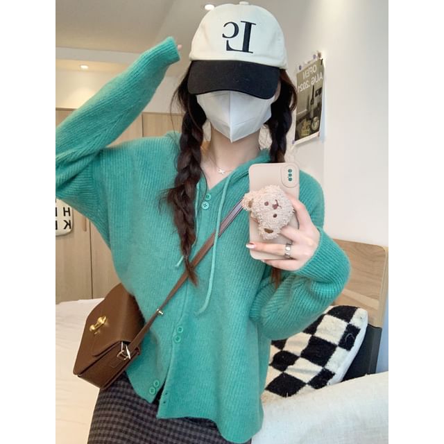 Hooded Cardigan Plain Button-Up