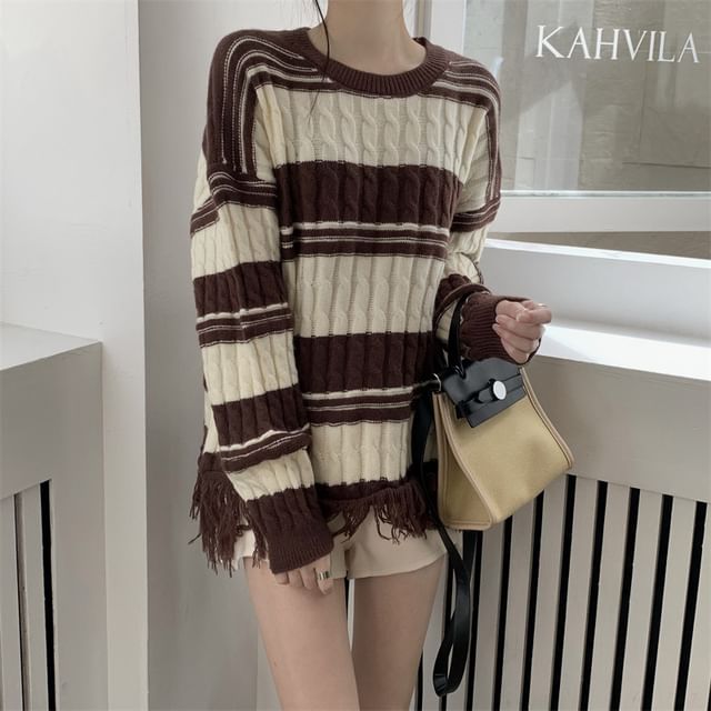 Loose-Fit Striped Sweater Frayed