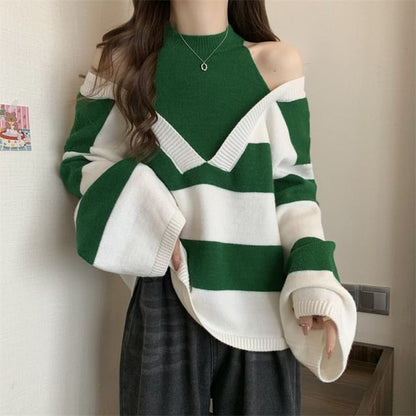 Long-Sleeve Striped Sweater Mock Two-Piece