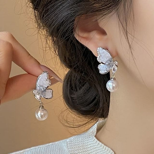 Drop Crystal Alloy Pearl Butterfly Earring Faux
