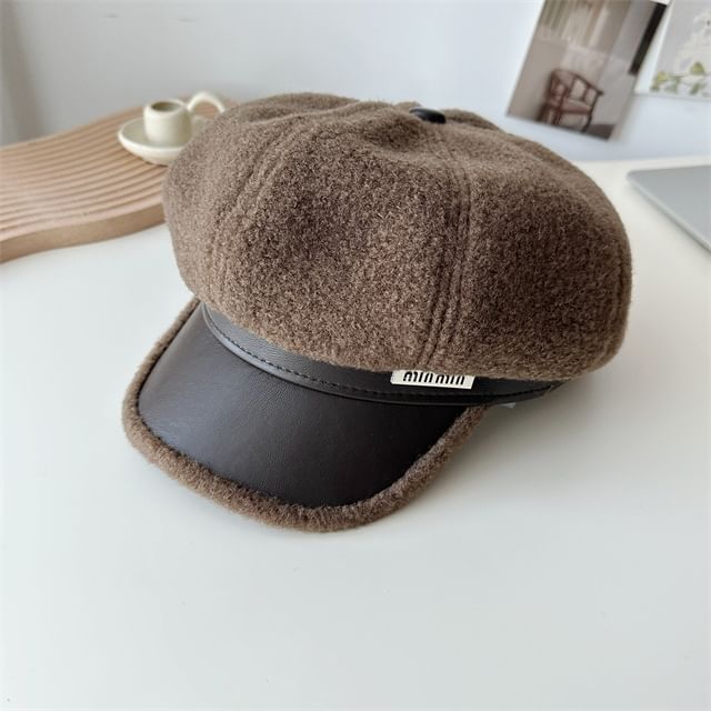 Leather Fleece Panel Faux Cap Newsboy