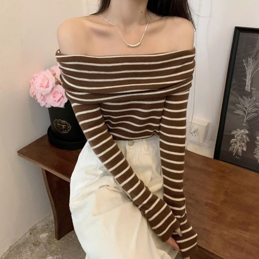 Striped Top Long-Sleeve Knit Slim-Fit