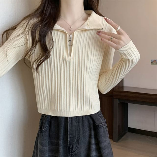 Mock-Neck Knit Zip Plain Top Half Long-Sleeve Slim-Fit