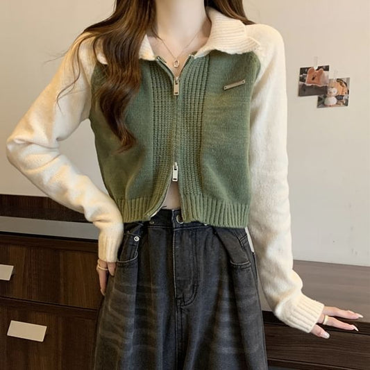 Polo Cardigan Two-Tone Zip