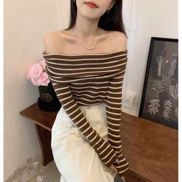 Striped Top Long-Sleeve Knit Slim-Fit