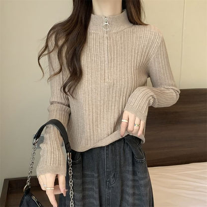 Mock-Neck Knit Zip Plain Top Half Long-Sleeve Slim-Fit