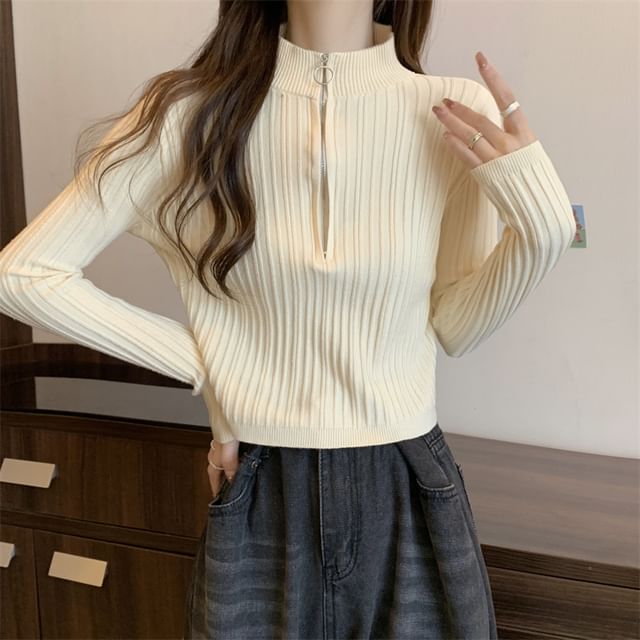 Mock-Neck Knit Zip Plain Top Half Long-Sleeve Slim-Fit