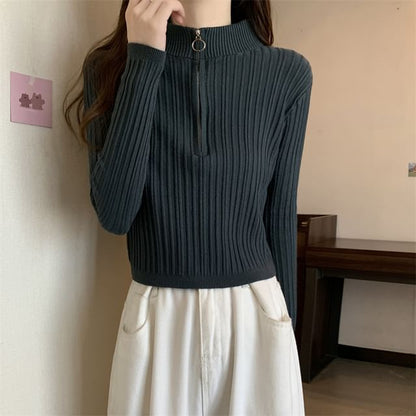 Mock-Neck Knit Zip Plain Top Half Long-Sleeve Slim-Fit