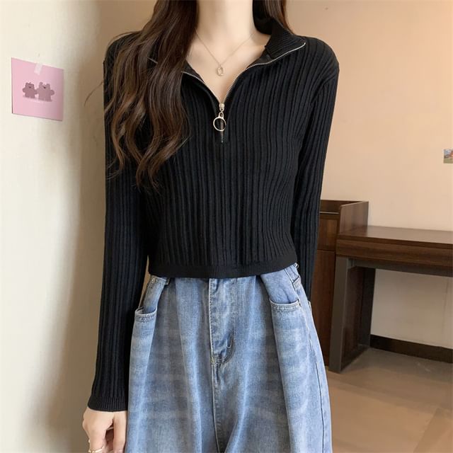 Mock-Neck Knit Zip Plain Top Half Long-Sleeve Slim-Fit