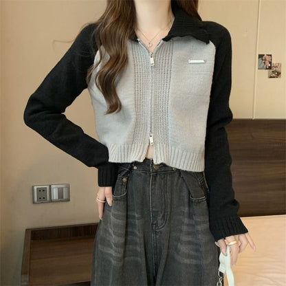 Polo Cardigan Two-Tone Zip
