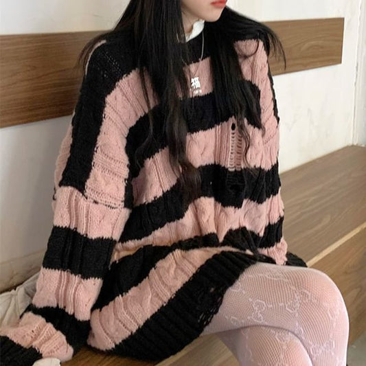 Sweater Distressed Knit Striped Cable Crew Neck