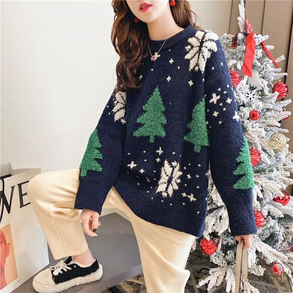 Christmas Tree Jacquard Sweater Crew Neck