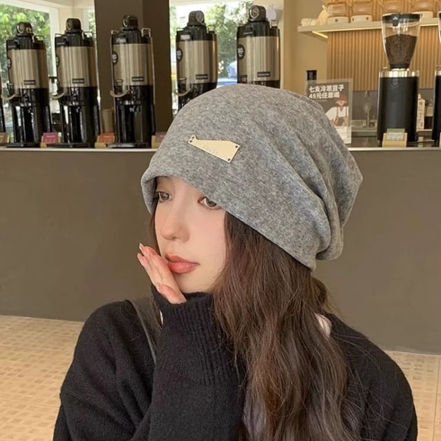 Metal Plate Knit Slouchy Beanie