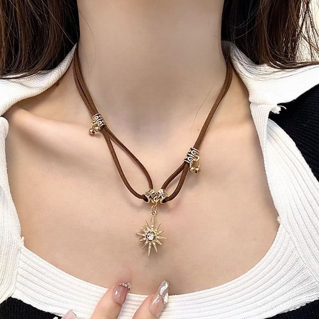 Leather Necklace Pendant Rhinestone Faux Sun