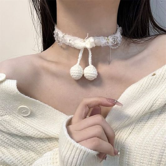 Bead Cherry Fringed Fabric Choker