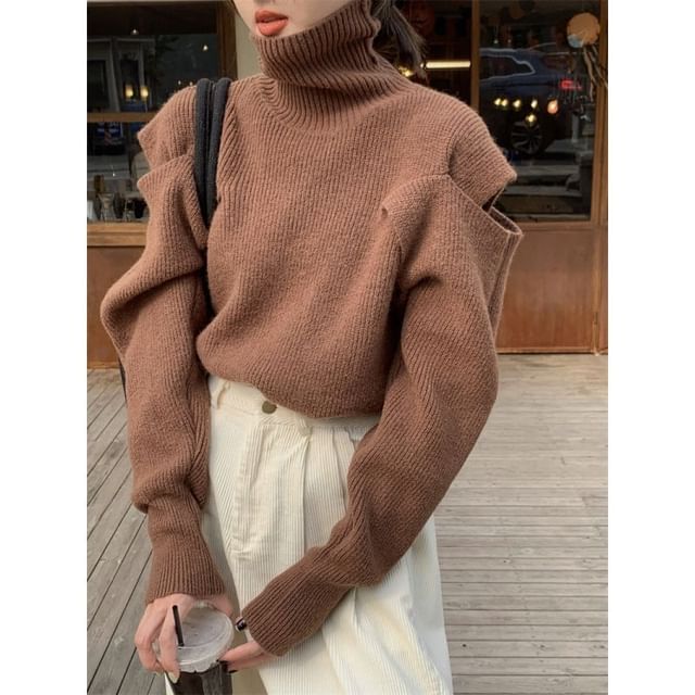 Sweater Plain Loose-Fit Turtleneck Cold-Shoulder