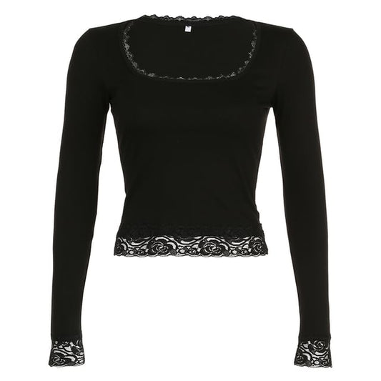 Cropped Lace Top Square-Neck Long-Sleeve
