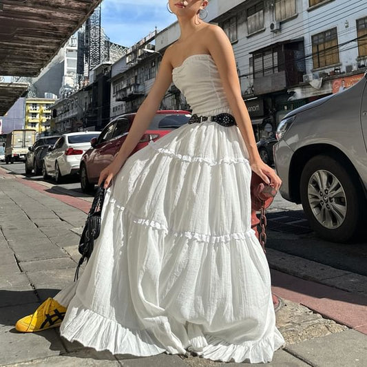 Skirt Tube / Waist Plain A-Line Ruffle Top Elastic Maxi Tiered